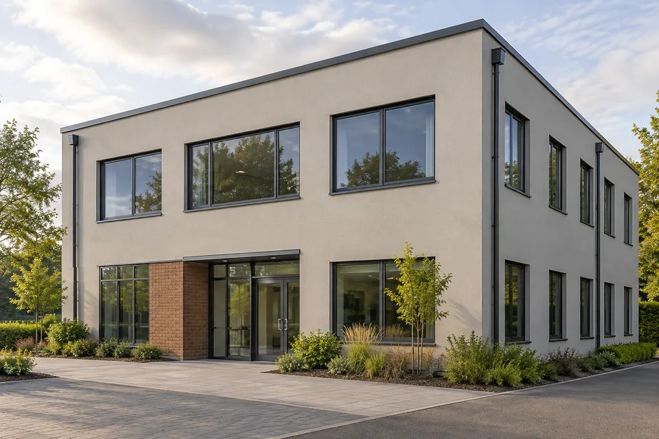 Rendered low-rise commercial premises with dark aluminium windows